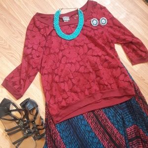 Dark red lace top only size XL 3/4 sleeve semi-sheer